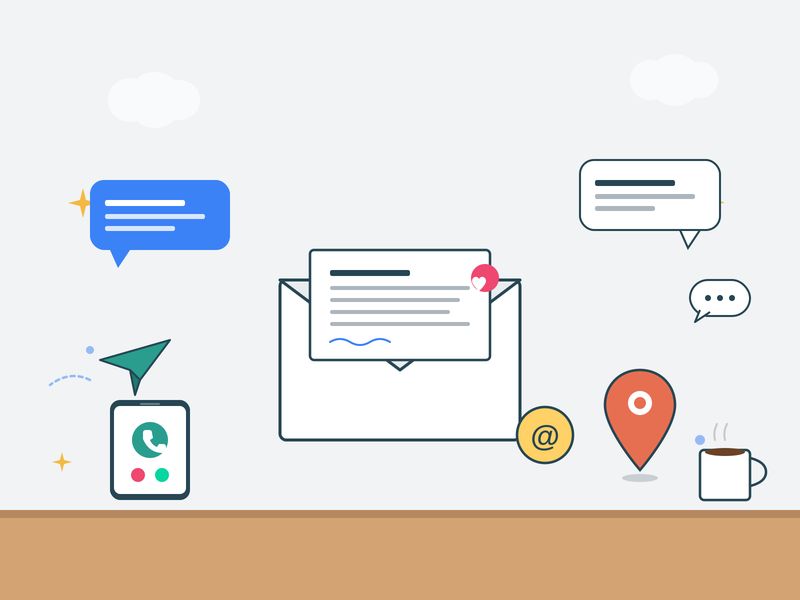 Illustration of digital communication icons including email, messages, phone, and location pin, representing digital marketing strategies.