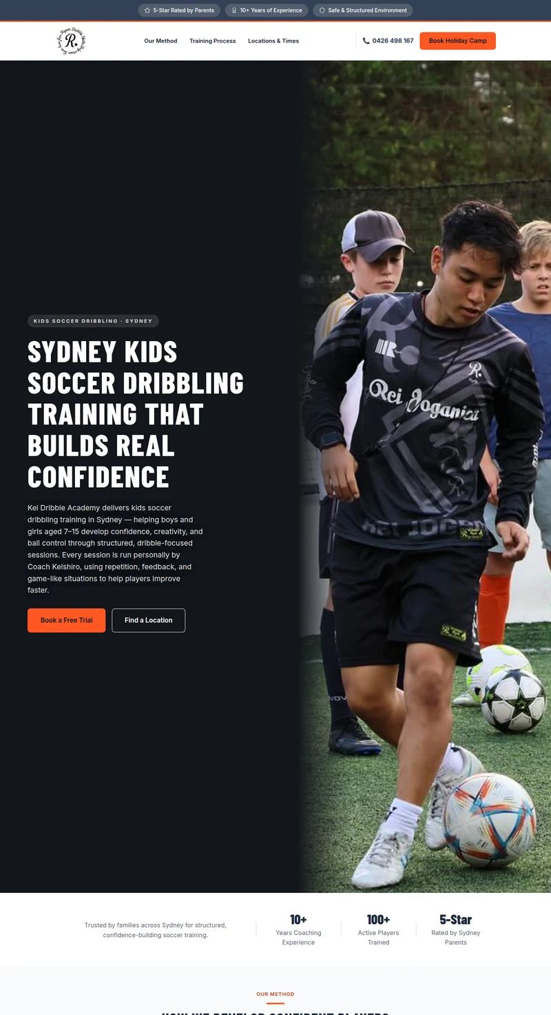 Kei Dribble Academy website homepage — kids soccer dribbling training in Sydney, built by Leadwave Studio