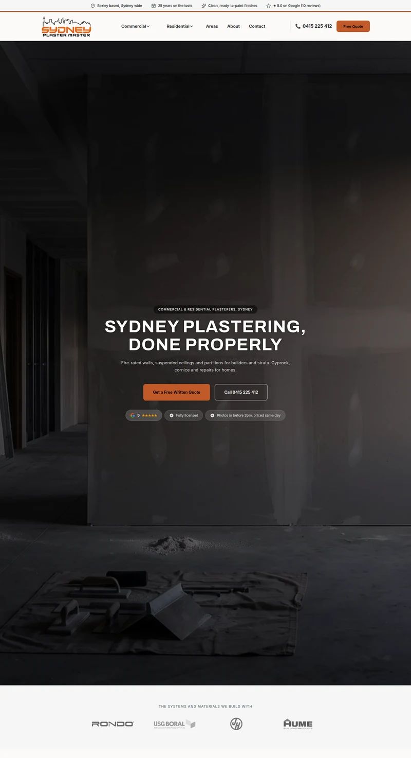 Sydney Plaster Master website homepage — commercial and residential plasterers in Sydney, built by Leadwave Studio