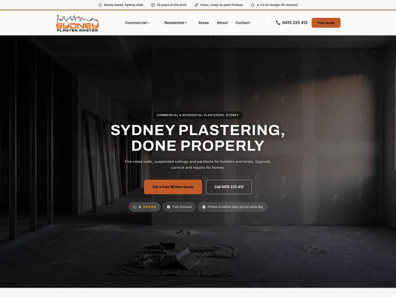 Sydney Plaster Master website homepage — commercial and residential plasterers in Sydney, built by Leadwave Studio.