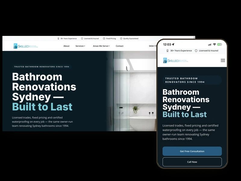 Skilled Bathroom Renovations website homepage — bathroom renovations in Sydney, built by Leadwave Studio.