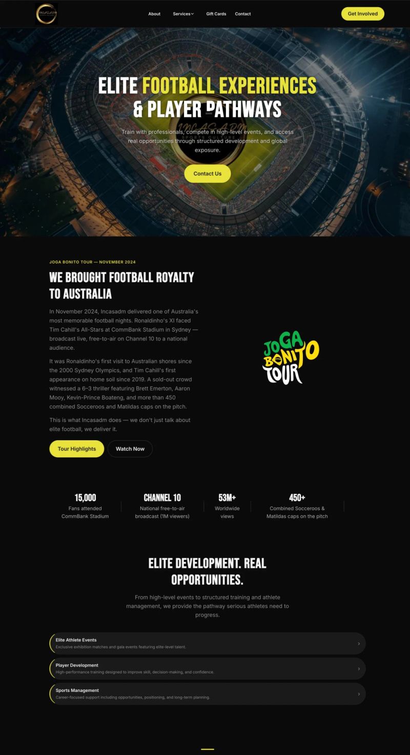 INCASA.DM website homepage — elite football events and player pathways, built by Leadwave Studio