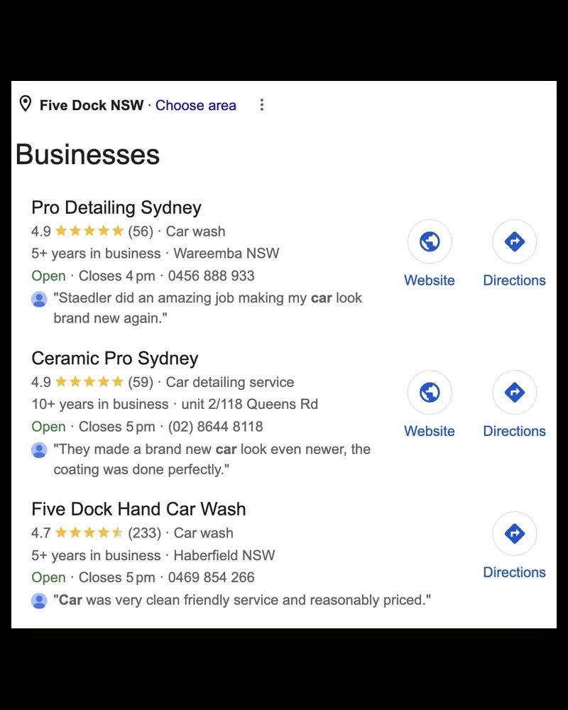 Google's local results for a car detailing search in Five Dock — Pro Detailing Sydney listed first at 4.9 stars from 56 reviews, above two competitors.