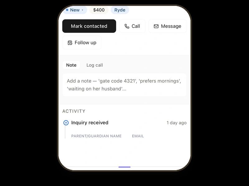 A live lead record in the CRM — a $400 enquiry received one day ago, with call, message and follow-up actions ready.