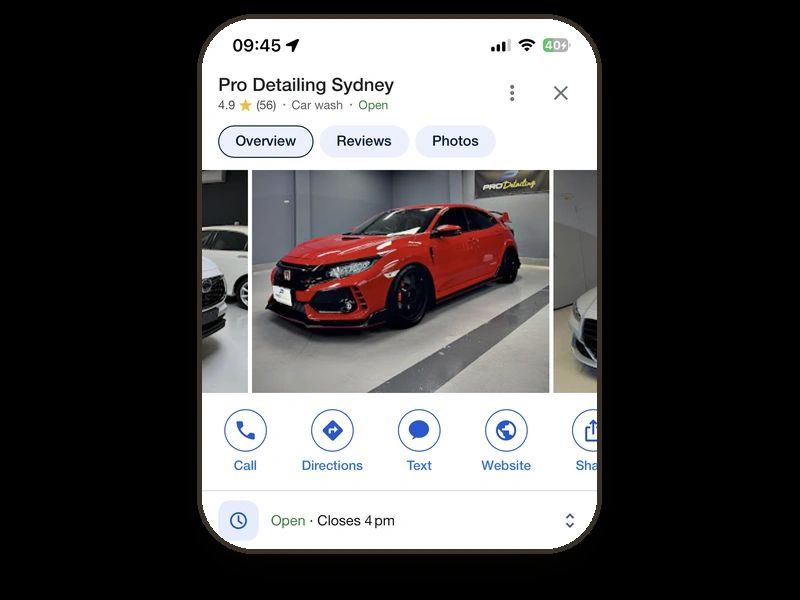 Pro Detailing Sydney's live Google Business Profile — 4.9 stars from 56 reviews, with call, directions and website buttons.
