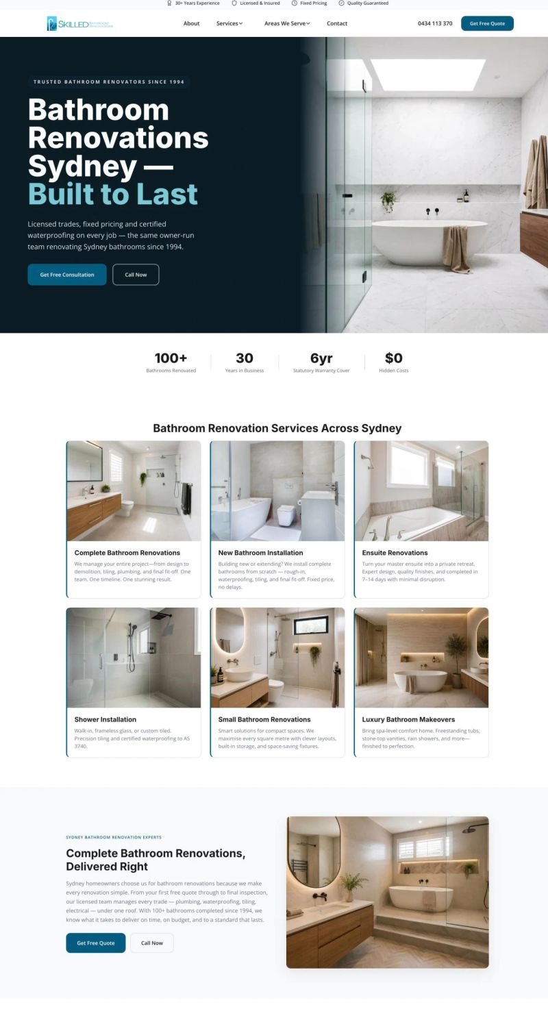 Skilled Bathroom Renovations website homepage — Sydney bathroom renovators since 1994, built by Leadwave Studio