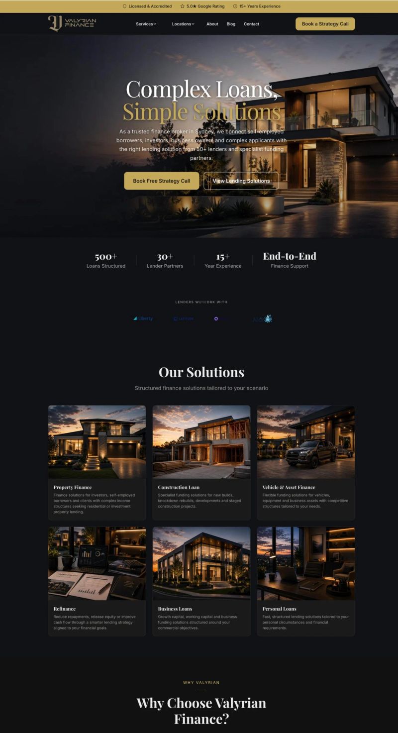 Valyrian Finance website homepage — complex lending and mortgage broking in Sydney, built by Leadwave Studio