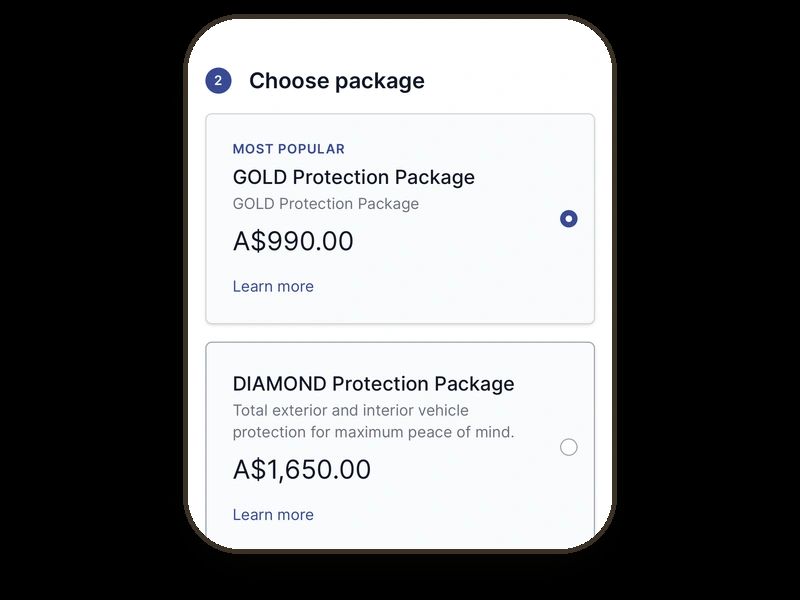 Pro Detailing Sydney's online booking flow on a phone — a customer choosing between the Gold and Diamond ceramic coating packages.