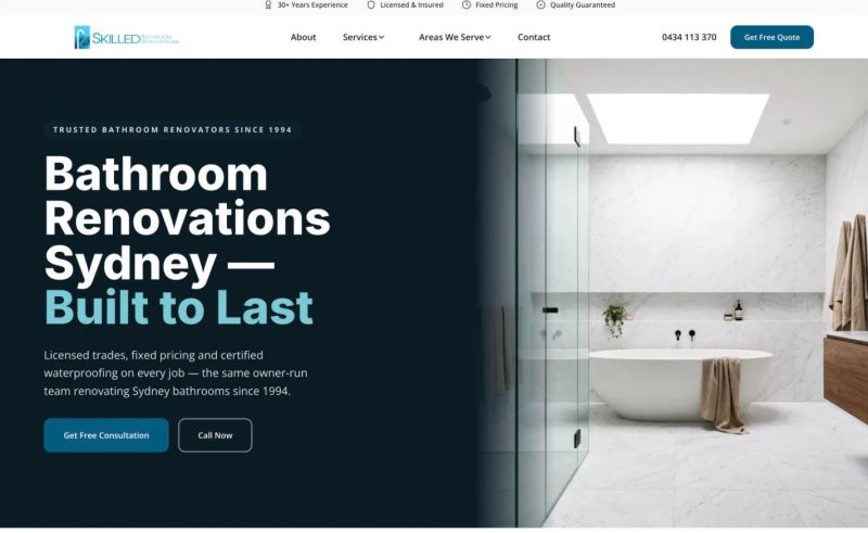 Skilled Bathroom Renovations website homepage — bathroom renovations in Sydney, built by Leadwave Studio.