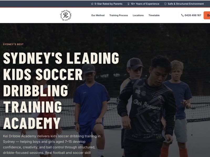 Kei Dribble Academy website homepage — kids soccer dribbling training in Sydney, built by Leadwave Studio.
