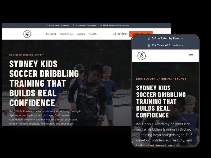 The Kei Dribble Academy website shown on desktop and phone — kids soccer dribbling training in Sydney, built by Leadwave Studio.