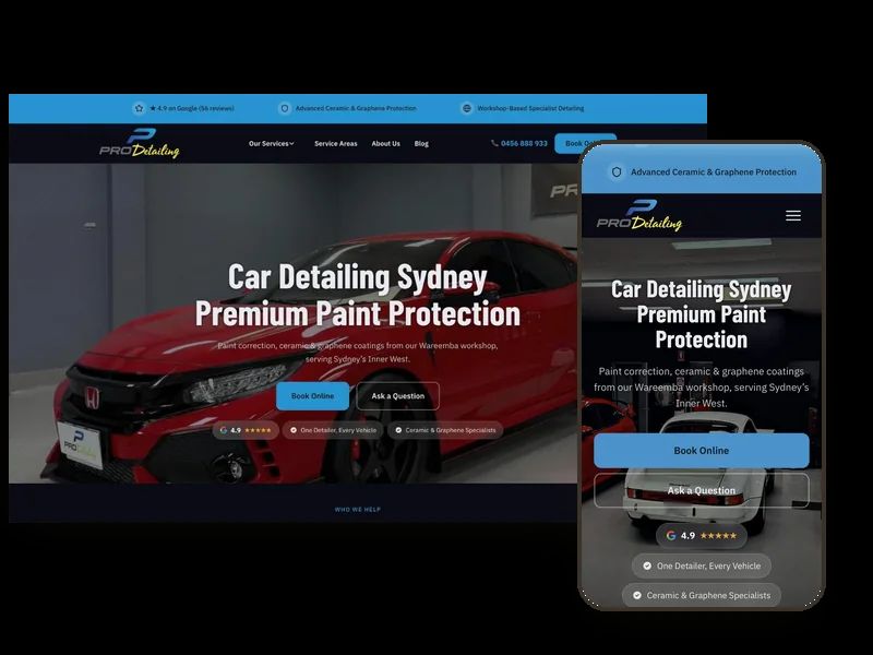 The Pro Detailing Sydney website shown on desktop and phone — ceramic coating and paint correction in the Inner West, built by Leadwave Studio.