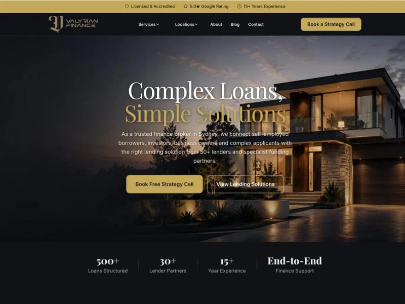 Valyrian Finance website homepage — complex lending and mortgage broking in Sydney, built by Leadwave Studio.