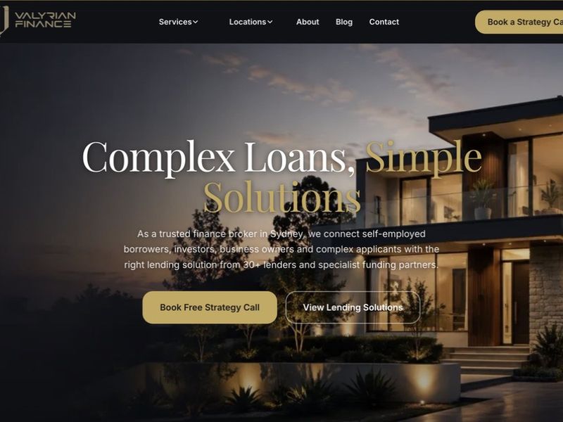 Valyrian Finance website homepage — complex lending and mortgage broking in Sydney, built by Leadwave Studio.