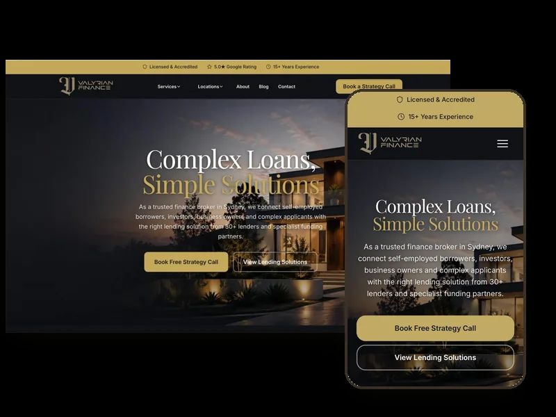 The Valyrian Finance website shown on desktop and phone — complex lending and mortgage broking in Sydney, built by Leadwave Studio.
