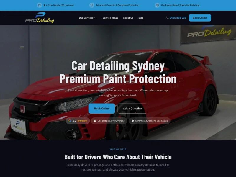 Pro Detailing Sydney website homepage — ceramic coating and paint correction in the Inner West, built by Leadwave Studio.