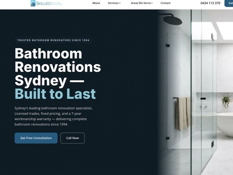 Skilled Bathroom Renovations website homepage — Sydney bathroom renovators since 1994, built by Leadwave Studio.