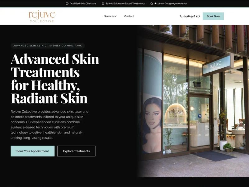 Rejuve Collective website homepage — advanced skin clinic in Sydney Olympic Park, built by Leadwave Studio.