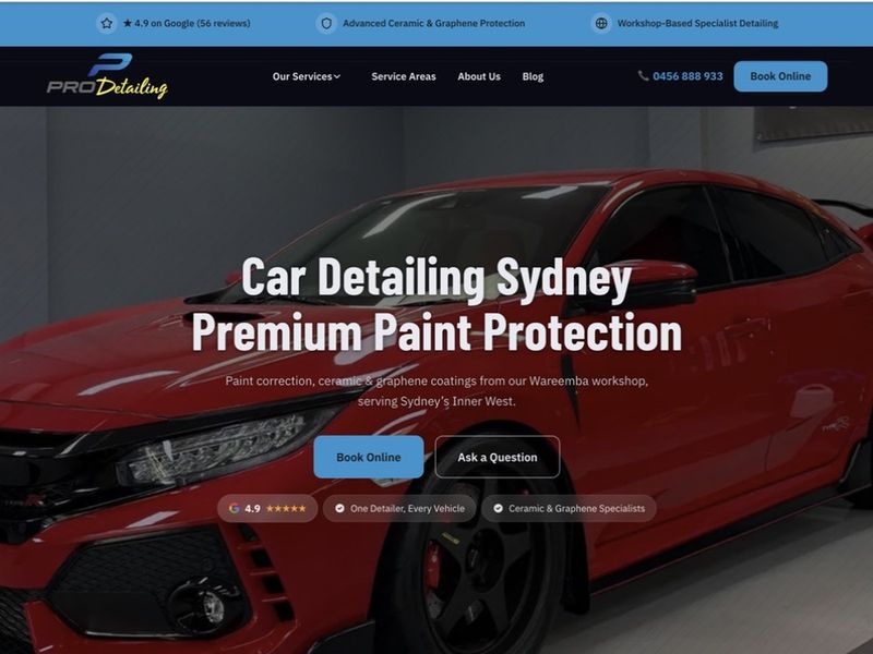 Pro Detailing Sydney website homepage — ceramic coating and paint correction in the Inner West, built by Leadwave Studio.