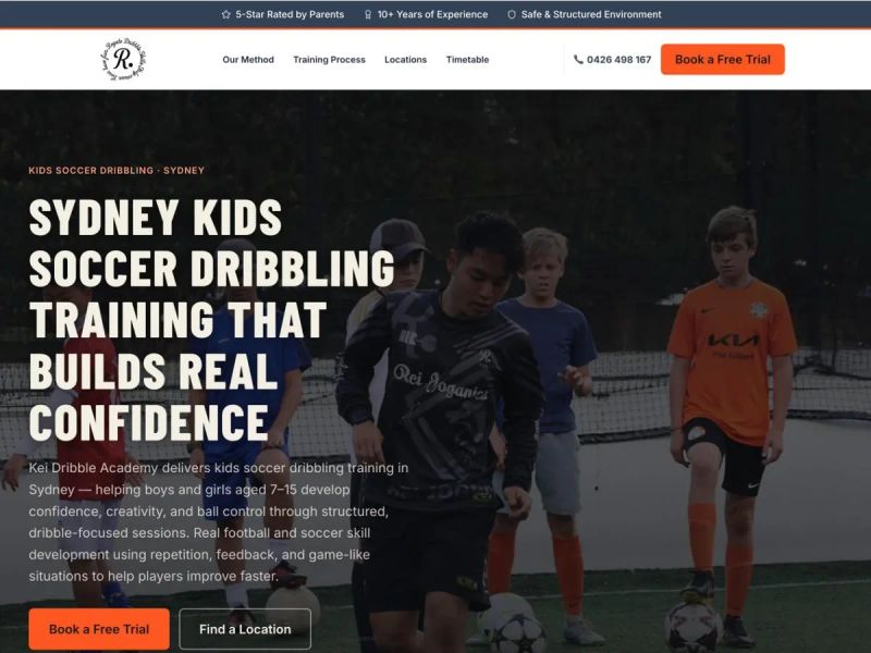 Kei Dribble Academy website homepage — kids soccer dribbling training in Sydney, built by Leadwave Studio.