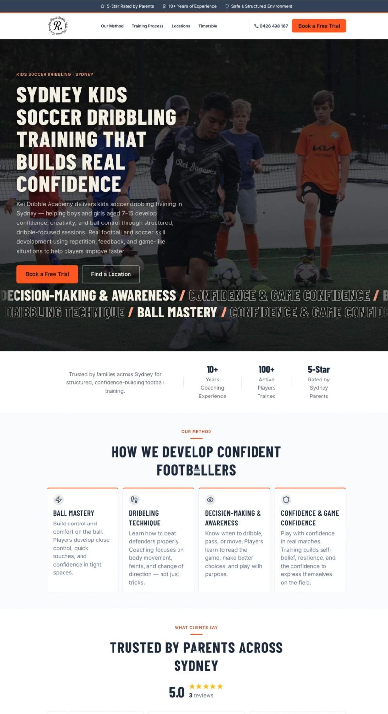 Kei Dribble Academy website homepage — kids soccer dribbling training in Sydney, built by Leadwave Studio