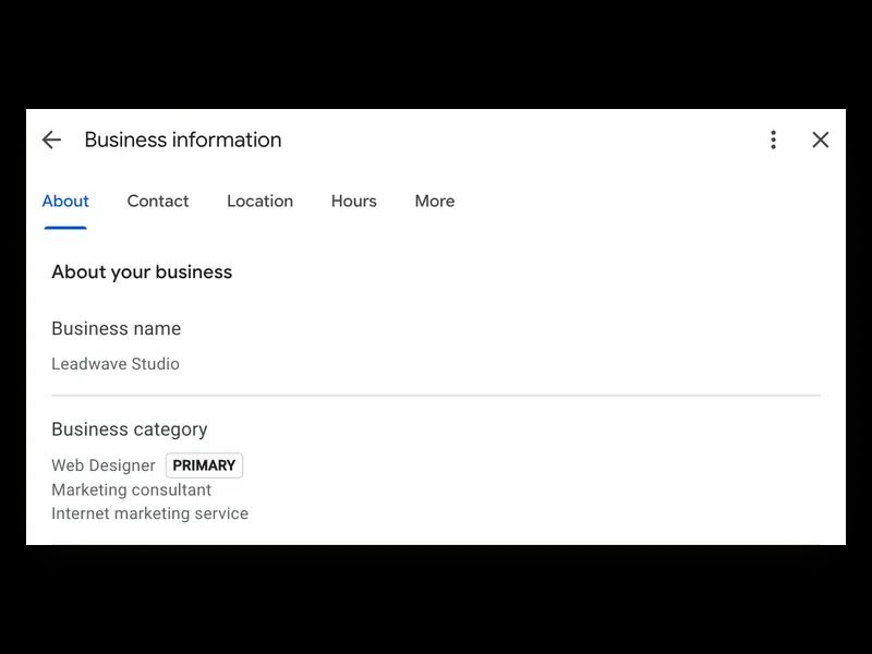 The About panel of Leadwave Studio's Google Business Profile — business name, Web Designer set as the primary category, and two secondary categories.