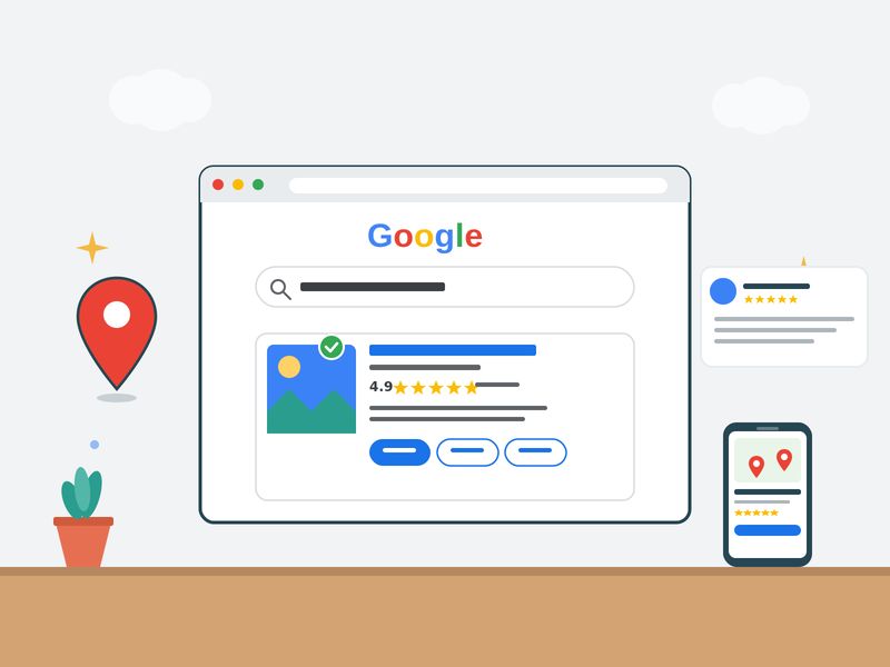 Illustration of digital marketing services with search engine results and mobile integration.
