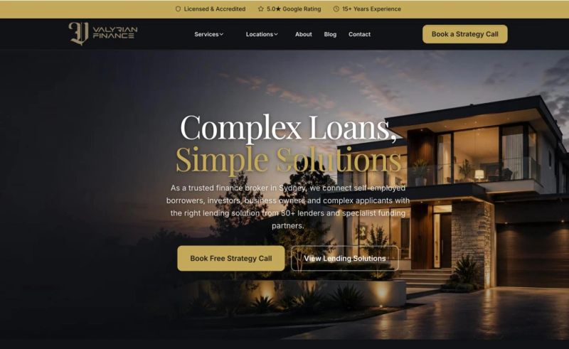 Valyrian Finance website homepage — complex lending and mortgage broking in Sydney, built by Leadwave Studio.