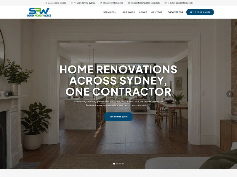 Sydney Property Works website homepage — home renovations, repairs and maintenance across Sydney, built by Leadwave Studio.