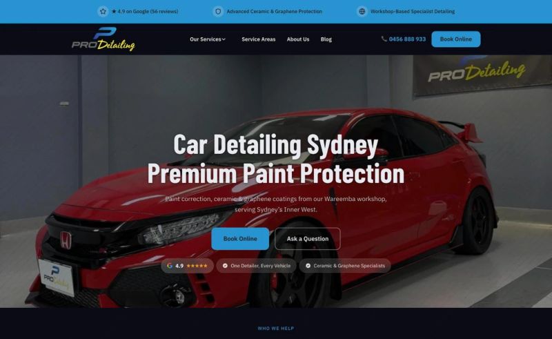 Pro Detailing Sydney website homepage — ceramic coating and paint correction in Sydney's Inner West, built by Leadwave Studio.