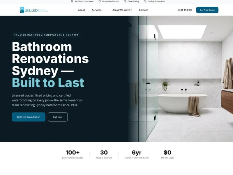 Skilled Bathroom Renovations website homepage — Sydney bathroom renovators since 1994, built by Leadwave Studio.