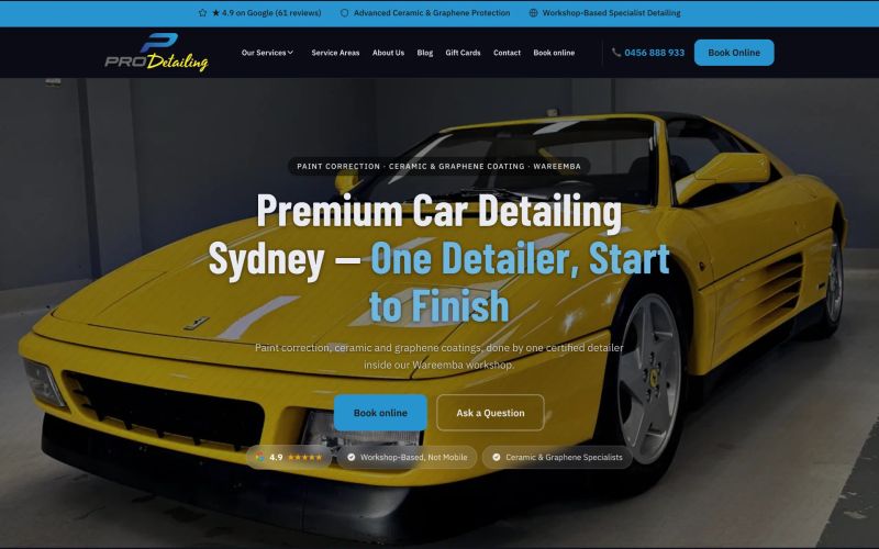 Pro Detailing Sydney website homepage — paint correction and ceramic coating in Wareemba, built by Leadwave Studio.