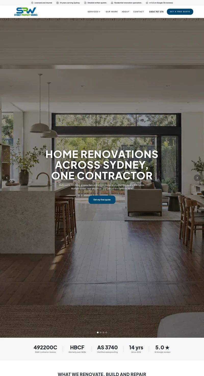 Sydney Property Works website homepage — renovations, repairs and maintenance across Sydney, built by Leadwave Studio