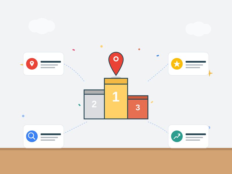 Illustration of a podium with top ranking positions number 1, 2, and 3, representing success in SEO and digital marketing strategies.