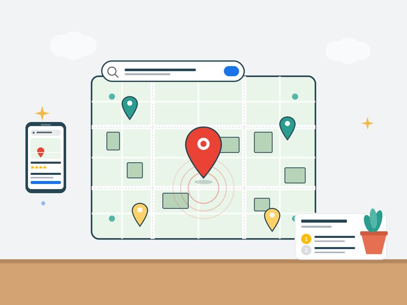 Digital map interface showing multiple location pins and markers with search functionality, representing local SEO and location-based marketing services