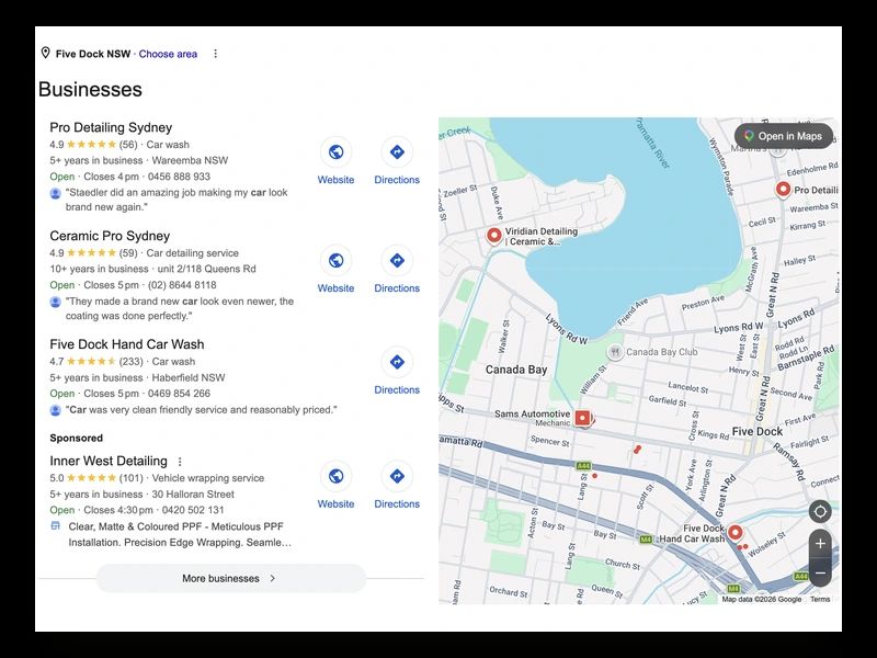 Google's local map pack for a car detailing search in Five Dock — Pro Detailing Sydney ranking first, above two competitors and a sponsored listing.