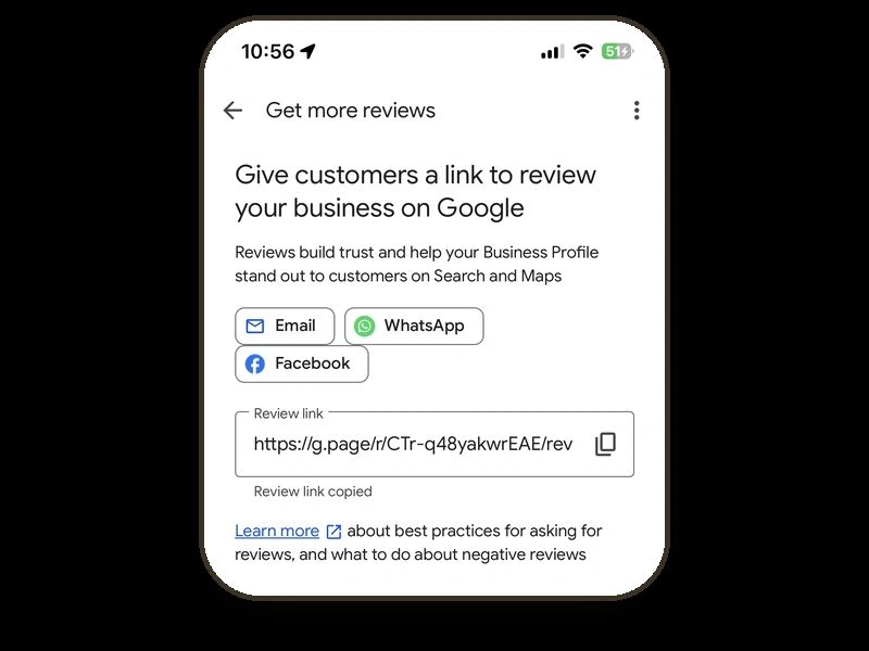 The Get more reviews screen inside a Google Business Profile — a shareable review link with email, WhatsApp and Facebook options for asking past customers.