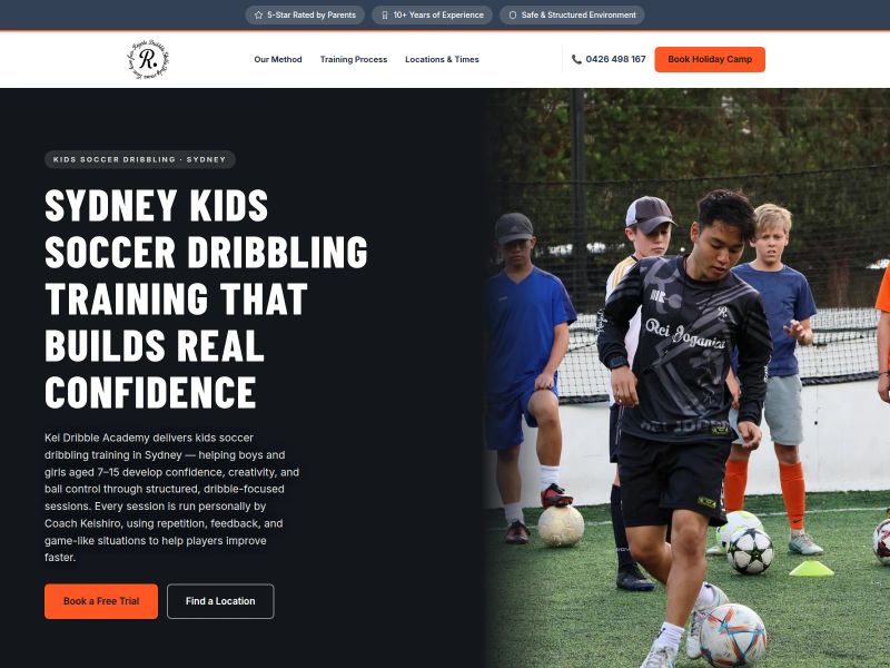 Kei Dribble Academy website homepage — kids soccer dribbling training in Sydney, built by Leadwave Studio.