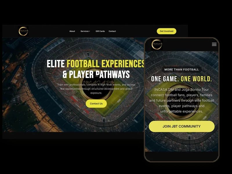 The INCASA.DM website shown on desktop and phone — elite football events and player pathways, built by Leadwave Studio.