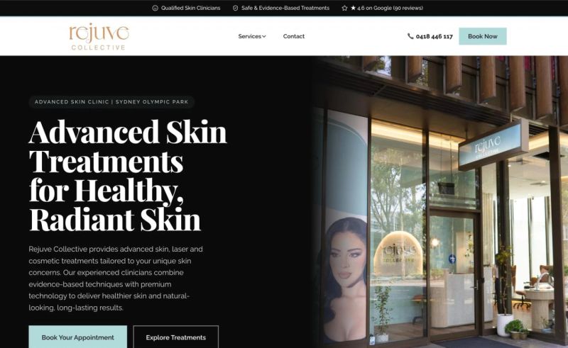 Rejuve Collective website homepage — advanced skin clinic in Sydney Olympic Park, built by Leadwave Studio.