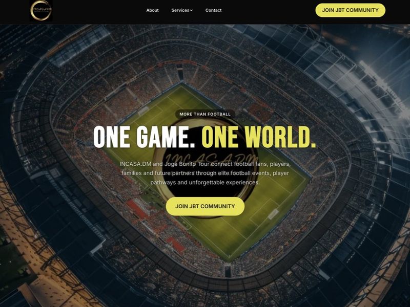 INCASA.DM website homepage — elite football events and the Joga Bonito Tour, built by Leadwave Studio.