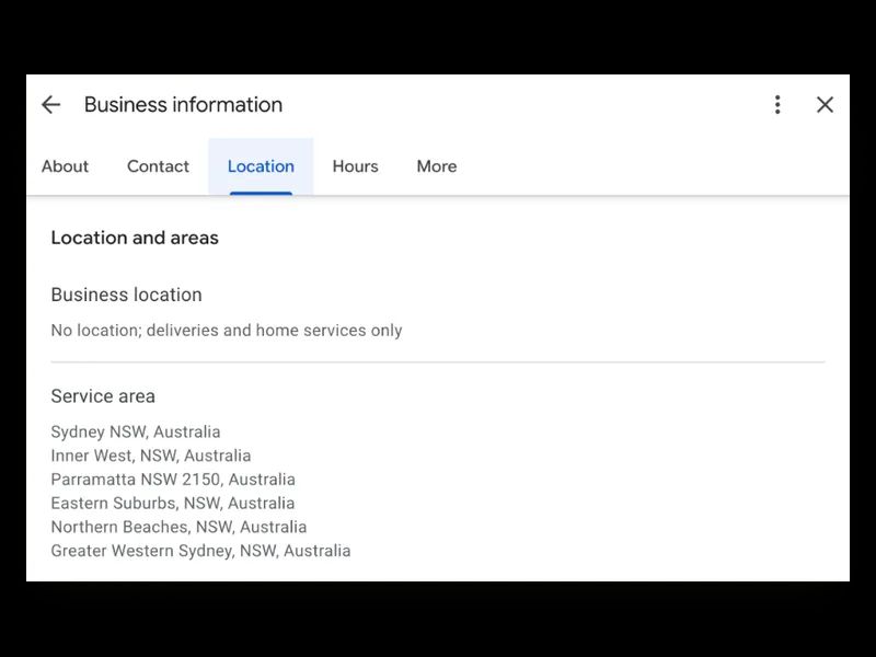 The Location panel of Leadwave Studio's Google Business Profile — no business location shown, and six service areas listed across Sydney.
