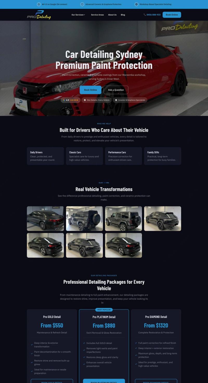 Pro Detailing Sydney website homepage — ceramic coating and paint correction in the Inner West, built by Leadwave Studio